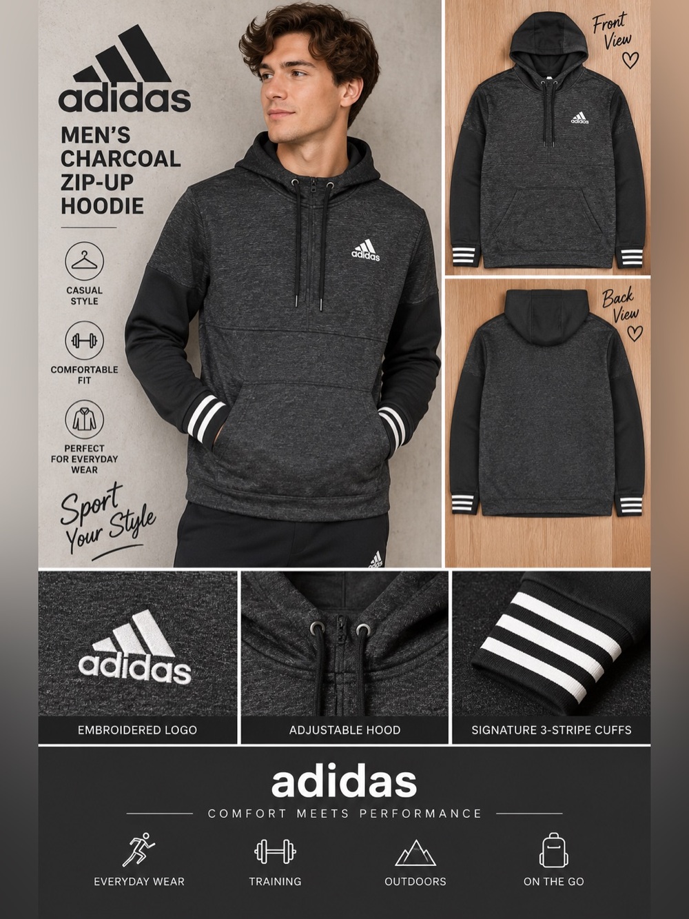 adidas Men’s Charcoal Zip-Up Hoodie with White Logo